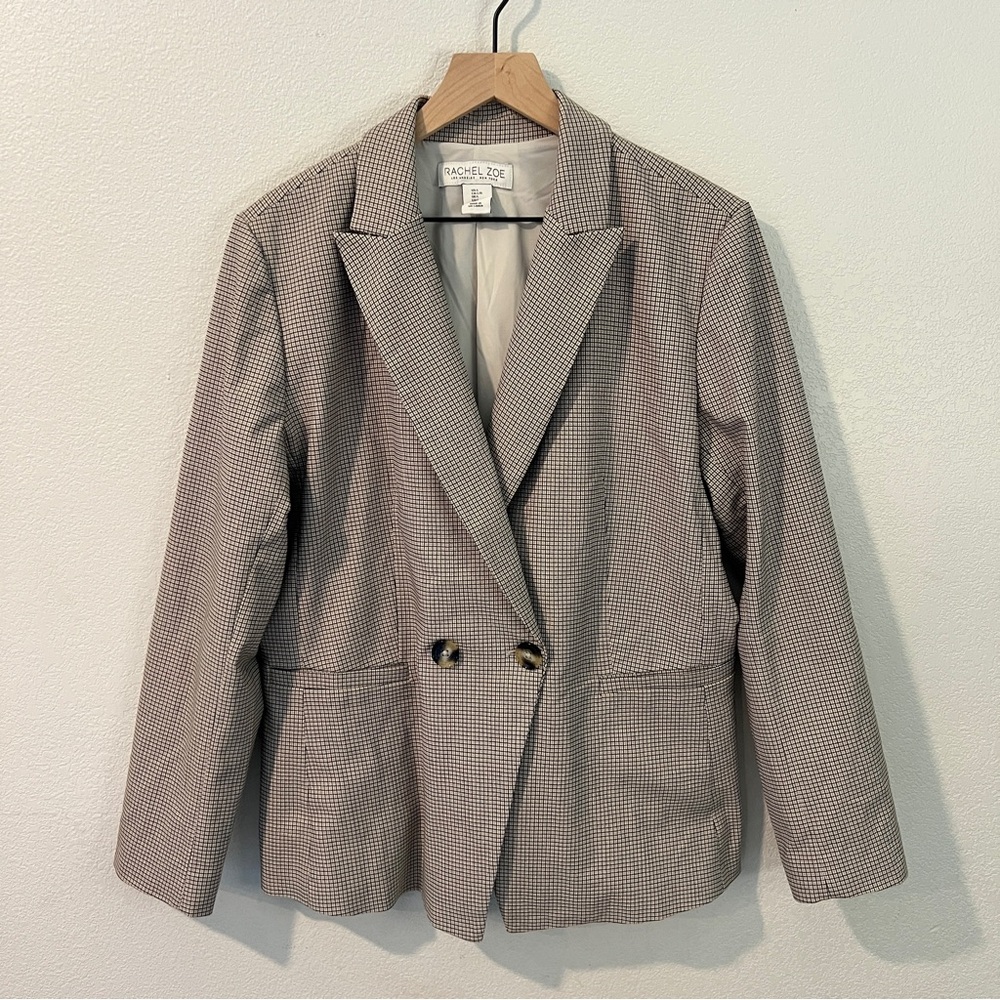 Rachel Zoe Checked Stretch Knit Double‎ Breasted Long Length Blazer Size L